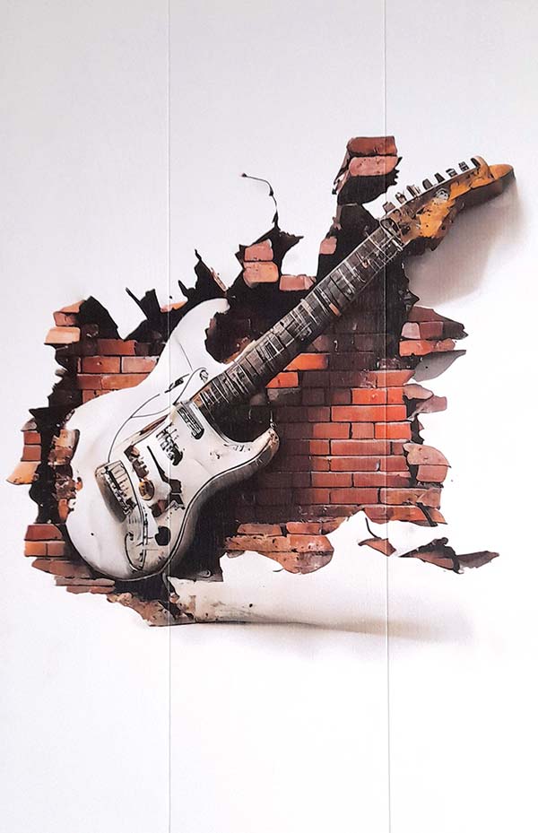 Guitare peinte en trompe-l'oeil sur un mur en Loire-Atlantique